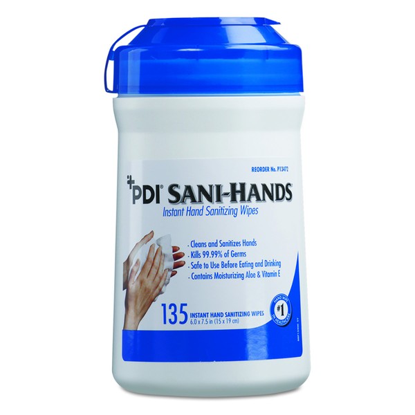 Sani Professional P13472 Sani-Hands ALC Instant Hand Sanitizing Wipes, 7.5x6, White, 135 per Canister (Case of 12)