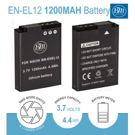 BM Premium 2 EN-EL12 Batteries and Charger for Nikon Coolpix A1000 B600 W300 A900 AW100 AW110 AW120 AW130 S6300 S8100 S8200 S9050 S9200 S9300 S9400 S9500 S9700 S9900 P310 P330 P340 KeyMission 170, 360