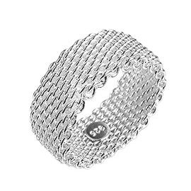 DOCCESTU 925 Sterling Silver Plating Fashion Knitted Woven Mesh Ring Women's Wedding Ring Metal Mesh Eye Ring(size7)