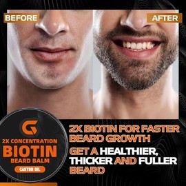 Bálsamo para barba con biotina 2X - Acondicionador y manteca veganos sin enjuague - Cera suavizante de bigote natural pura con aceite de ricino, espesante del vello facial, humectante,