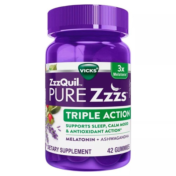 ZzzQuil Pure Zzzs Triple Action Gummy Melatonin Sleep Supplement , 21 Count (Pack of 2), 42.0 Count