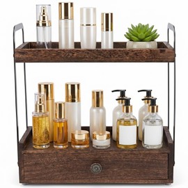 2-Tier Bathroom Counter Organizer with Drawer, Wooden Vanity Countertop Organizer for Makeup Perfume Cosmetics Skincare, Counter Shelf for Bathroom Kitchen Restroom