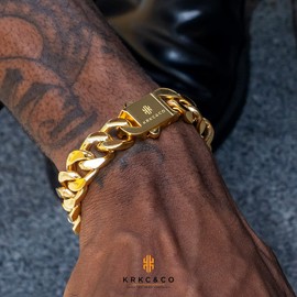 KRKC&CO Men’s Cuban Bracelet, 8 / 10 / 12 / 14 mm, 18K Gold / White Gold-Plated, Curb Chain, Cuban Link Bracelet, Stainless Steel, Cuban Chains, Hip Hop Bracelet for Men and Boys, Stainless Steel