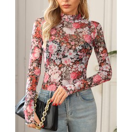 Ugerlov Womens Lace Long Sleeve Mesh Top Floral Mock Neck See Through Going Out Top with Thumb Hole Party Outfits Shirts,B Floral Pink L