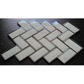 White Glass Mirror Beveled Herringbone 2'' x 4'' Tile Kitchen Backsplash Idea Bath Shower Wall Mosaics