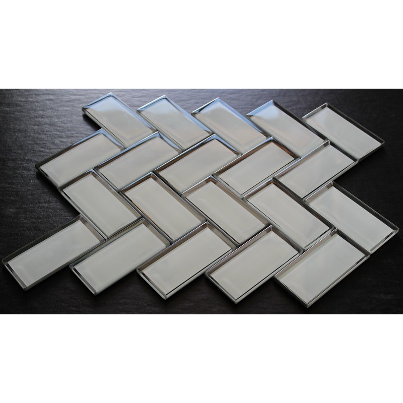 White Glass Mirror Beveled Herringbone 2'' x 4'' Tile Kitchen