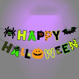 Neon Glow Happy Halloween Banner - Halloween Party Decorations, Neon Glow Happy Halloween Bat Spider Pumpkin Sign for Halloween Supplies Mantle Home Decor