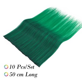 10Pcs 20" Rainbow Color Straight Hair Extensions Clip in Multi-Color Synthetic Coloured Clip on Hair Extension Party Highlights Hairpiece #Black& Dark Green