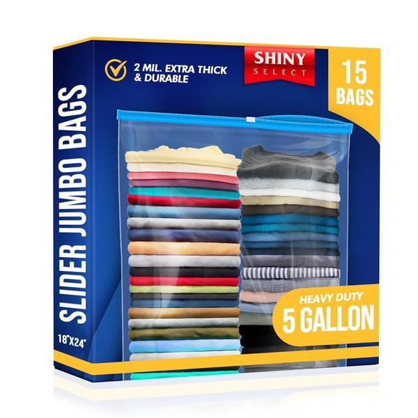 [ PACK OF 15 ] Extra X-Large Big 5 Gallon SLIDER Bags For Storage, Food Prep, Travel, Organization, Moving, Packing, Dust Proof, Clear Plastic 2 Mil. Thick, 18" x 24"