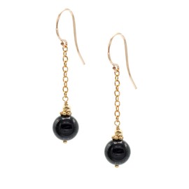 14k Gold Filled Single Black Onyx Chain Drop Earring with Gold Crown and Bead Accented Fishhook Earrings