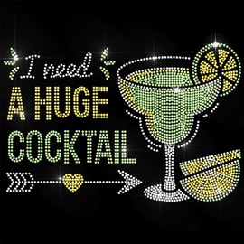 ANATTASOUL Rhinestone Iron on Transfer Cocktail and Lemon Bling Diamond Hotfix Patches for Clothes, 11.6"x8.2" Large Iron On Sequin Applique for Jeans Jacket Caps Bag T-Shirts Shoes DIY Decor