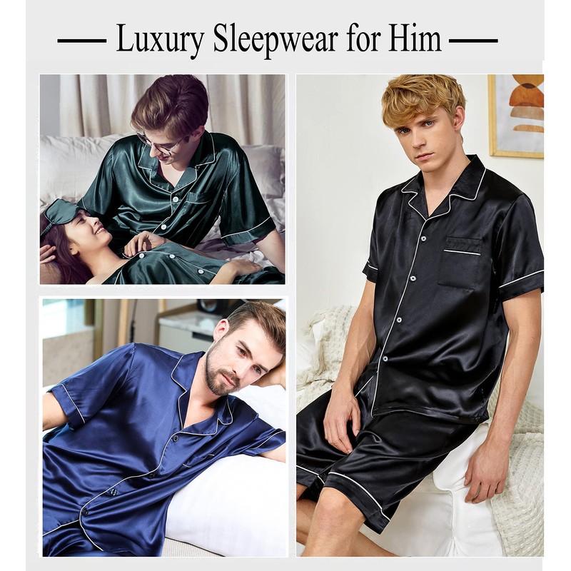 SWOMOG Men Satin Silk Pajamas Sets Short Sleeve Sleepwear Button-Down