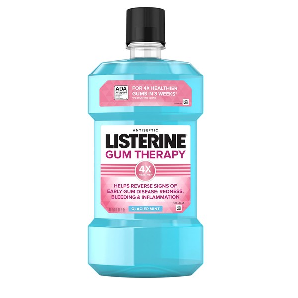 Listerine Gum Therapy Antiplaque & Anti-Gingivitis Mouthwash, Antiseptic Oral Rinse to Help Reverse Signs of Early Gingivitis Like Bleeding Gums, ADA Accepted, Glacier Mint, 1 L, Pack of 6