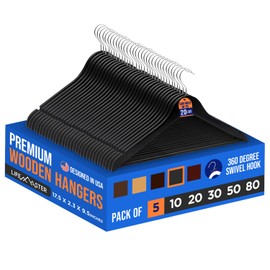 Lifemaster Wooden Clothes Hangers – with 360 Degree Swivel Hook and Non-Slip Shoulder Notch, Holds Up to 10 lbs, Pants Bar Design, for Organizing Suit, Dress, Coat, and Clothes, Pack of 5, Black