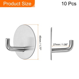 HARFINGTON 10pcs Self Adhesive Hook Waterproof Stainless Steel Loofah Robe Towel Wall Hooks Adhesive Wall Hangers Without Drill for Bathroom Kitchen Washroom Home, Silver