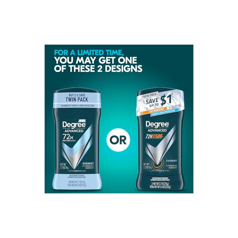 Degree Men Advanced Antiperspirant Deodorant Everest 2 Count 72-Hour Sweat