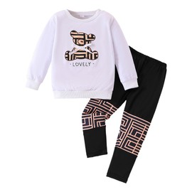 Afsmlys Kid Young Girl Clothes Outfit Bear Print Sweatshirt Colour Patchwork Pants 2PC Fall Winter Clothing Set(6-7T)