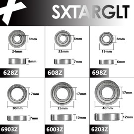 SXTARGLT Ball Bearings Kit, 698ZZ 608ZZ 628ZZ 6903ZZ 6003ZZ 6203ZZ 36 PCS Double Metal Shielded Deep Groove Bearings Kit for Wheel Skateboards Motor 3D Printing, High Carbon Steel Bearings