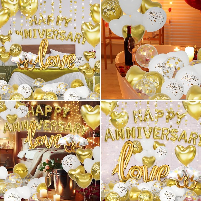 Gold and White Anniversary Decorations Valentines Day Balloons Kit with