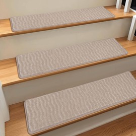 14 Pack Non-Slip Stair Treads for Wooden Steps, Self-Adhesive Carpet Stair Treads with Wave-Texture Design, Washable & Reusable Safety Stair Runners for Kids, Elderly, Pets (30"x8",Beige Gray)