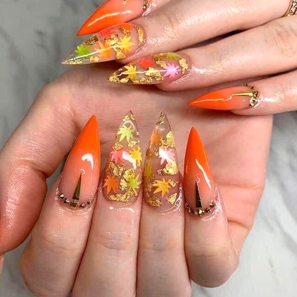 CJDLTS Thanksgiving Day Press on Nails Almond Tip Maple Leaf