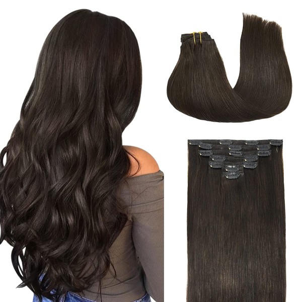 DOORES Clip-In Real Hair Extensions, Dark Brown, 40 cm, 16 Inches, 7 Pieces, 120 g, Remy Human Hair Extensions, Natural Real Hair Extensions, Thick Hair
