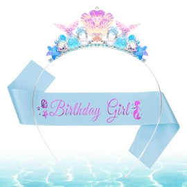 CIEHER Mermaid Birthday Decorations for Girls - Headband, Crown, Sash, Shell Tiara Pink