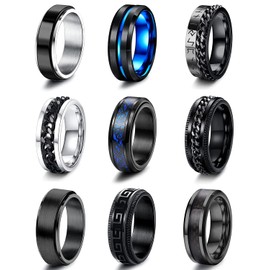 JeweBella 9 Pieces Rings Men's Stainless Steel Spinner Rings Set Black Chain Rings Blue Celtic Dragon Vintage Ring Viking for Men Wedding Engagement Friendship Rings Set Size 54-70, Stainless Steel