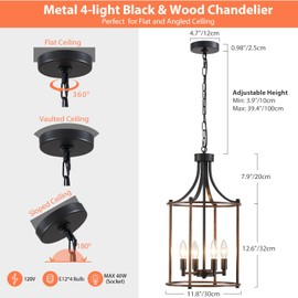 Majhoiw Modern Farmhouse Chandeliers 4 Light 11.8" Lantern Pendant Lighting Fixture Adjustable Height Ceiling Lights Black Wood Grain Finish for Kitchen Foyer Entryway Hallway Dining Room