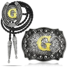 RechicGu 2 Pieces Western Cowboy Belt Buckle Bolo Tie Set Golden Initial Letter ABCJ to Z Rodeo Belt Buckles for Women Men G