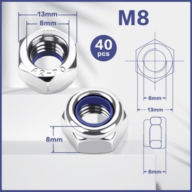 M8 Nuts Stainless Steel A2 V2A Self-Locking Nuts, Pack of 40 DIN985 Locking Nuts, Hexagonal Nuts, Niro Stop Nuts, Self-Locking Lock Nuts Set