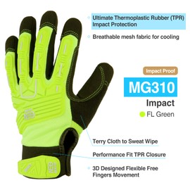 DEX FIT MG310 Impact Resistant Gloves, Durable, Shock Absorbing, Firm Grip, Comfort Fit, Touchscreen Compatible, Washable; Green L (9) 1 Pair