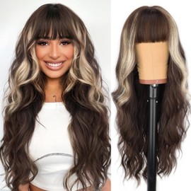 AISI HAIR Brown Mixed Light Blonde Wig with Bangs Long Wavy Wig for Women Synthetic Hair for Daily Party Use