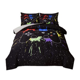 akkialla Gamer Comforter Sets Queen Size for Boys Teen,Game Controller Printed Colorful Comforter with 2 Pillowcases,Ultra Soft Microfiber Video Gaming 3 Piece Bedding Set for Game Lovers,All Season