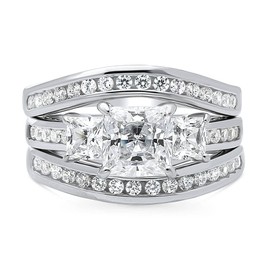 BERRICLE Sterling Silver 3-Stone Wedding Engagement Rings 1.6 Carat Princess Cut Cubic Zirconia CZ Ring Set for Women, Rhodium Plated Size 5.5