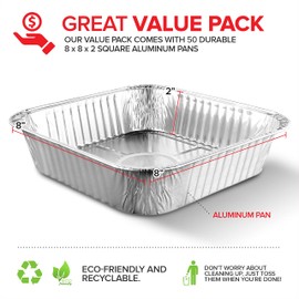 8x8 Foil Pans (50 Pack) 8 Inch Square Aluminum Pans - Foil Pans - Disposable Food Containers Great for Baking Cake, Cooking, Heating, Storing, Prepping Food