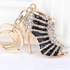 Crystal Rhinestone Diamante Gold Toned High Heel Shoe Decoration Chain for Phone Car Bag Key Ring Keychain Charm Gift - Perfect for Women Ladies Girls' Phone Key Bag (Black)