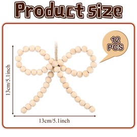 Yalikop 12 Pcs Wooden Christmas Tree Ornaments Wood DIY Beads Bow Ornament Rustic Boho Natural Bead Hanging Decorative for Xmas Tree Home Party Decor