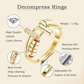 Glintara 925 Sterling Silver Anxiety Ring, Silver Anti-Stress Fidget Spinning Rings with Beads, Hypoallergenic Anti-Stress Rings Cubic Zirconia, Adjustable Open Mood Ring for Stress Relief Unisex Gift