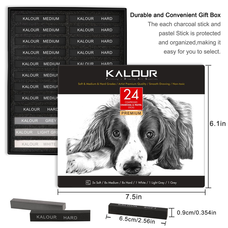 KALOUR 24 Pro Charcoal Drawing Set - Soft,Medium,Hard Charcoal and
