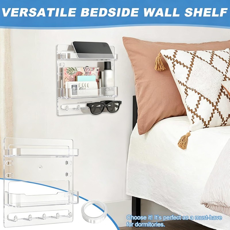 Bedside Shelf Wall Mount Organizer with Phone Cable Clips &