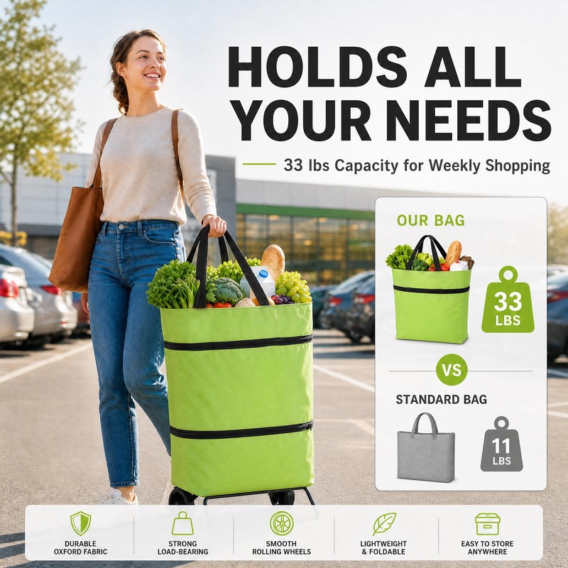 Foldable Shopping Bag with Wheels, 2-in-1 Foldable Shopping Cart, Ultra-Light