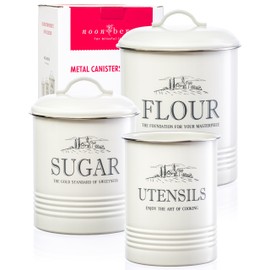 noonberry Canisters for Kitchen Counter, Set of 3 - Airtight Sugar and Flour Containers & Kitchen Utensil Holder, Rustic Farmhouse Canister Set for Kitchen Countertop