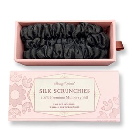 Silk Scrunchies | Premium Handcrafted 25 Momme Mulberry Silk Hair Bands | Elastics Ties Ponytail Holders and Hair Accessories (Small Scrunchies (3), Midnight)