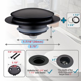 Black Tub Drain Stopper,Welsan Universal Pop Up Bathtub Stopper Replacement Tip Toe, Lift and Turn with 2-Hole Overflow Face Plate Cover and EZ Bath Tub Plug Stopper (Matte Black)
