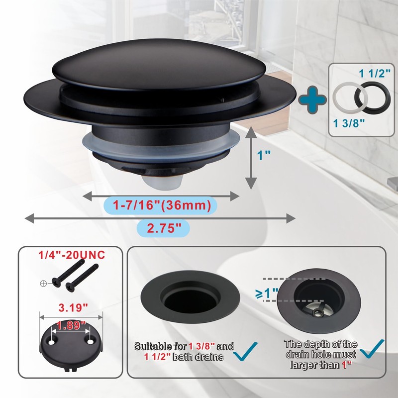 Black Tub Drain Stopper,Welsan Universal Pop Up Bathtub Stopper Replacement