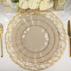 Tableclothsfactory 10 Pack | 11" Taupe Large Hard Plastic Dinner Plates with Gold Wavy Rim, Heavy Duty Disposable Dinnerware