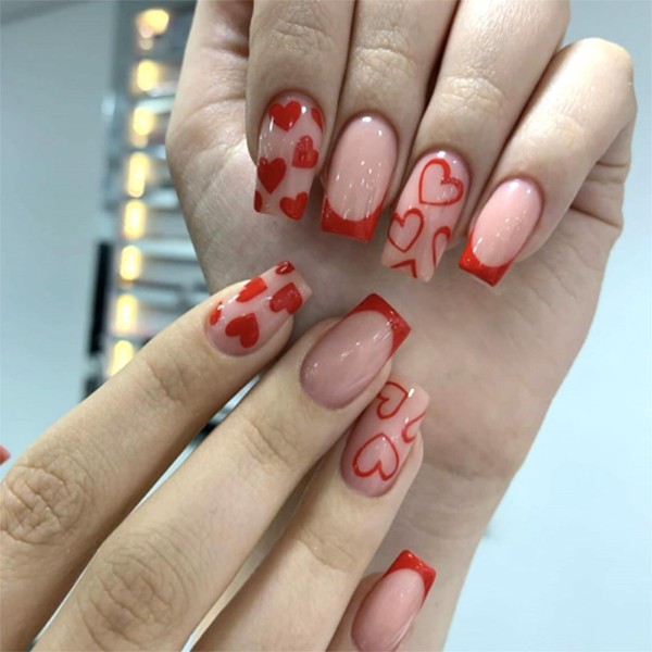 24PCS Valentine's Day Press on Nails Medium Square French Tip