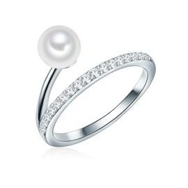 Valero Pearls Women's Ring 925 Sterling Silver with Freshwater Cultured Pearl White Round 6.0-7.0 mm Zirconia, 58, Cubic Zirconia