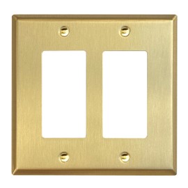 Rio Salto BRASS Metal Double Rocker Decora MIDSIZE Gold Double Light Switch Wall Plate Outlet Cover Wall Plate Receptacle Wallplate Dual Rocker Decora 2 Gang Decorator 4.92" x 4.92"